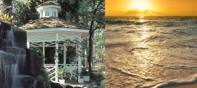 Garden gazebo and beach sunset are sites for a wedding